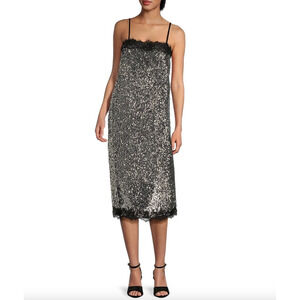 Gianni Bini Lilly Sisto Allegra Sequin Slip Midi Dress Silver Lace Trim US 6 NWT